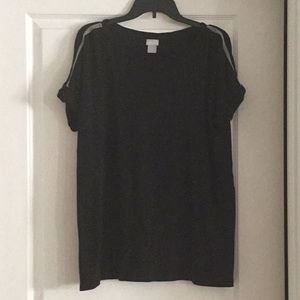 Long, black, short sleeve top with. Sequin e on shoulders